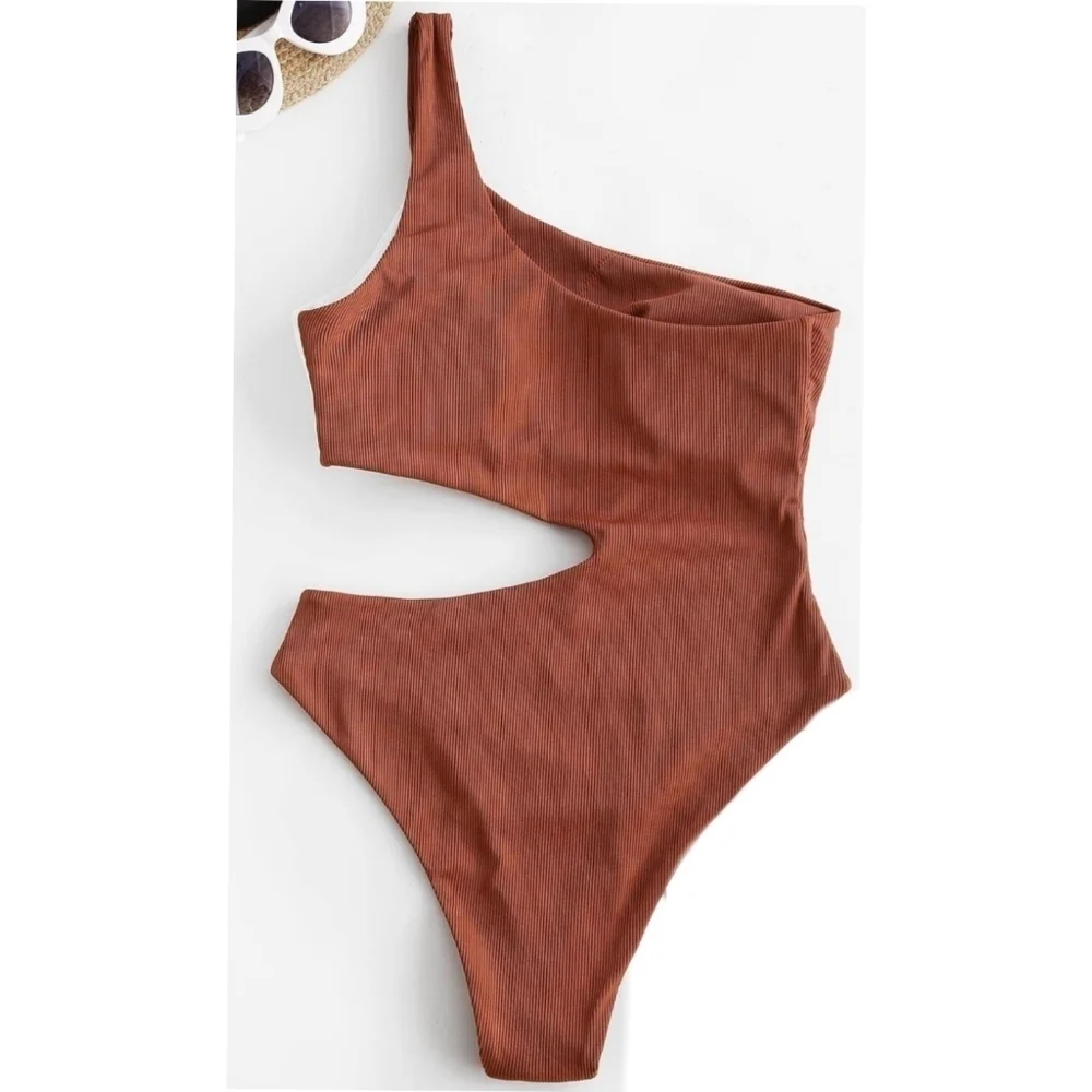 ZAFUL Women's One Shoulder Ribbed Bikini Colorblock Cutout One-Piece Swimsuit - Picture 3 of 7